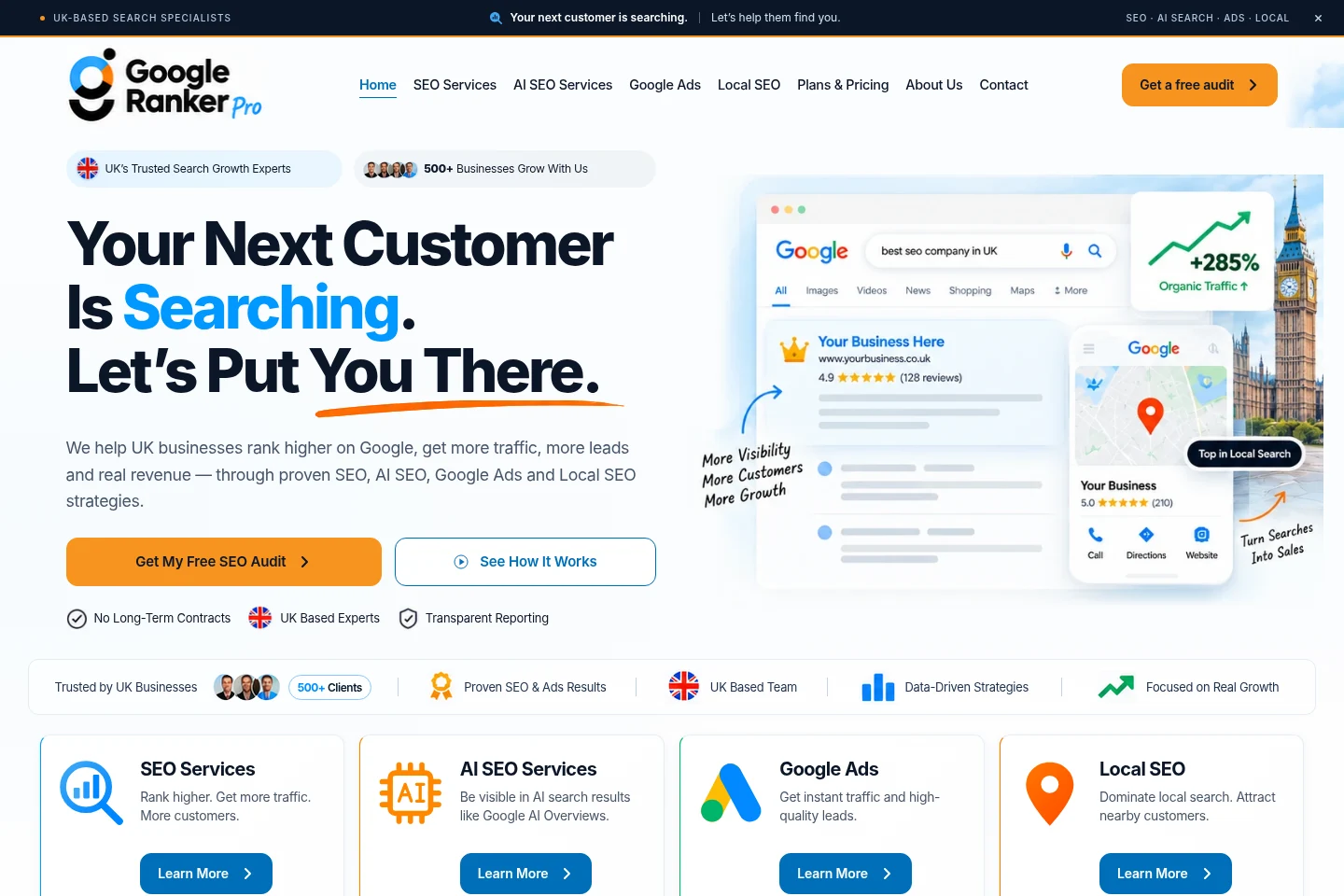 Current Google Ranker Pro homepage in the internal redesign project